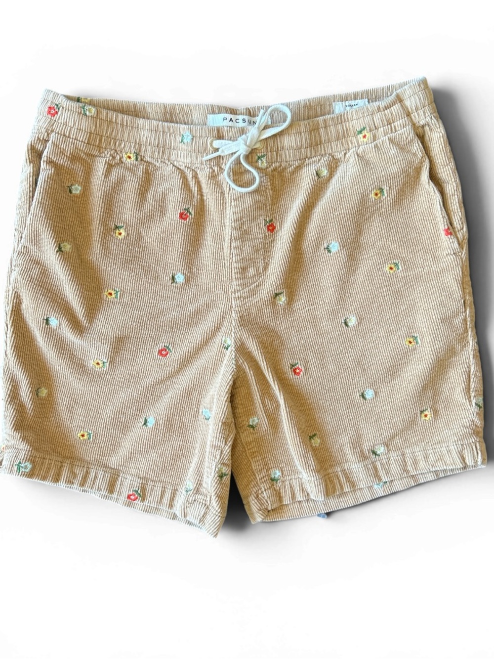 PacSun Tan Corduroy Volley Shorts with Tiny Embroidered Floral Dots